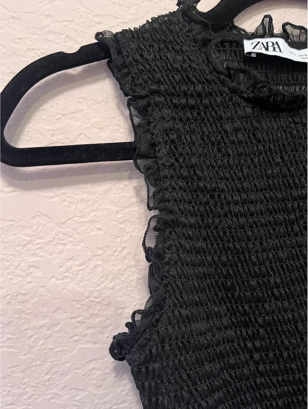 Zara Black Smocked Sleeveless Ruffle Trim Crop Top - Picture 4 of 7